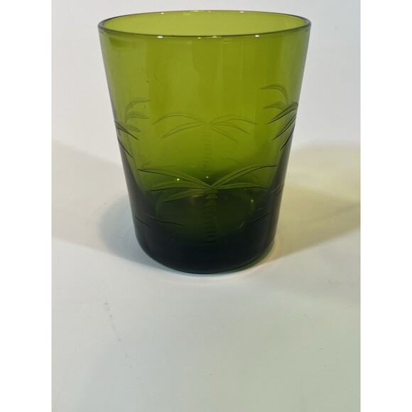 Palm Tree Etched Green Rocks Glasses MCM Vintage Weighed Bottoms Set Of 4 - Picture 2 of 9